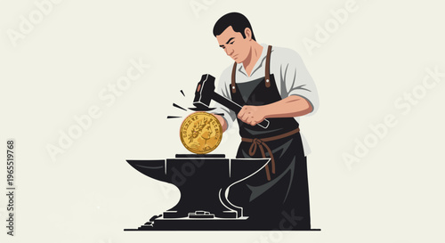 Man hammers a gold coin with ancient profile on anvil