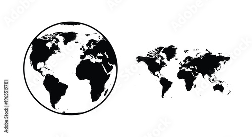 World map illustration with a globe depicted in black silhouette
