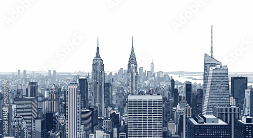 Monochromatic graphic depiction of a dense, sprawling urban skyline with towering skyscrapers