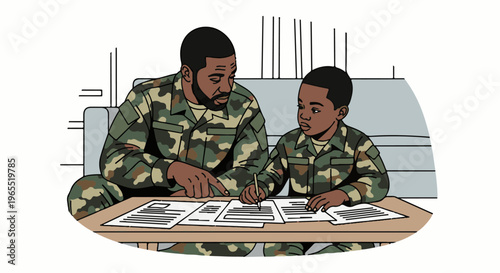 Man in military uniform instructs boy at desk, both in camouflage