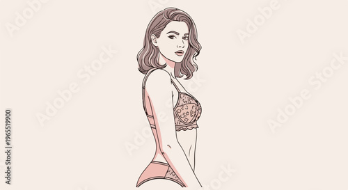 Line art illustration of a woman in patterned lingerie