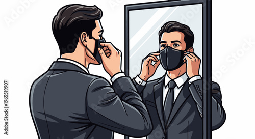 Man in suit adjusting face mask in mirror