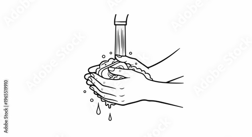 Line art illustration of hands washing with soap under running water