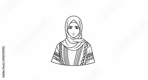 Line art drawing of a woman wearing a hijab and traditional clothing