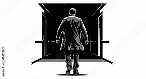 Man in trench coat walks down bright, modern corridor