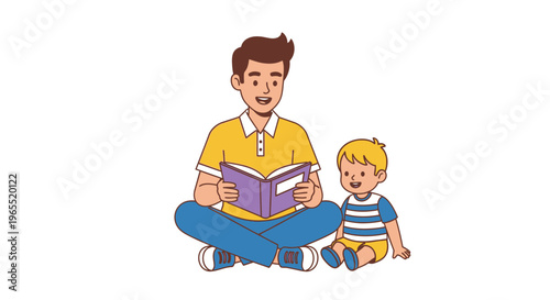 A father reads a book to his young son creating a heartwarming scene