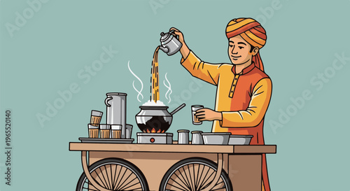 Man in turban pours tea from kettle into pot on a cart