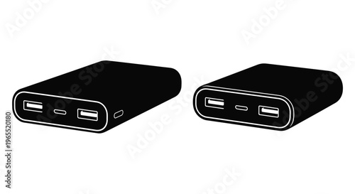 Two black power banks displayed on a white background silhouette