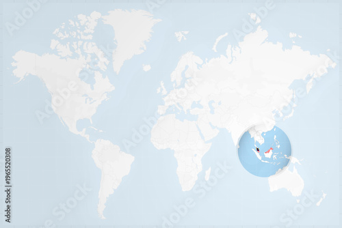 Malaysia Map with Flag in Magnifying Glass on World Map Background