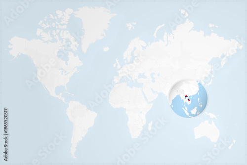 Laos Map with Flag in Magnifying Glass on World Map Background
