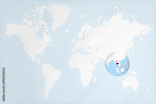 Thailand Map with Flag in Magnifying Glass on World Map Background
