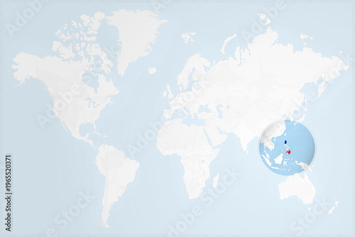 Philippines Map with Flag in Magnifying Glass on World Map Background