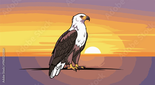 Majestic eagle perches against a vibrant sunset over calm waters
