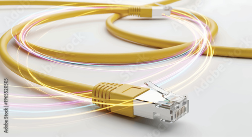 Yellow Ethernet Cable with Colorful Fibre Optic Cables on White Background Close-up