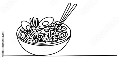 A simple black and white line drawing of a steaming bowl of delicious japanese ramen noodles