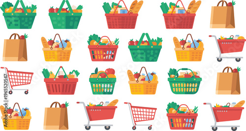 Colorful grocery shopping baskets, carts and paper bags with fresh food vector set isolated for supermarket retail concept