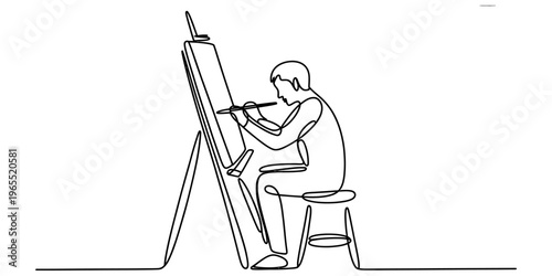 A single continuous line drawing of a male artist sitting on a stool while painting on an easel