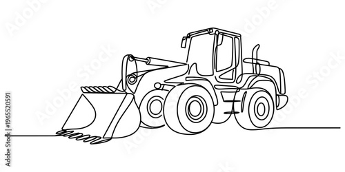 A single continuous line drawing of a heavy construction vehicle with a large front bucket loader