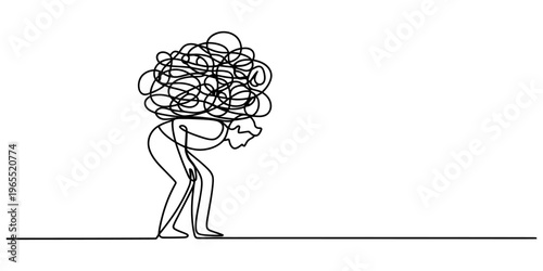 A single line drawing of a person hunched over carrying a heavy tangled mess on their shoulders