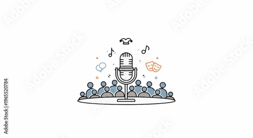 Microphone with audience, music notes, masks, and jester hat symbols