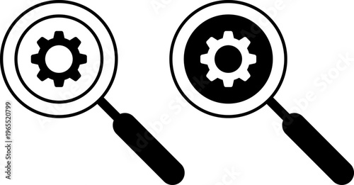 Two magnifying glasses inspecting gear icons under scrutiny