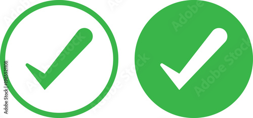 Green Check Mark Icon Set with Outline and Solid Circle Designs