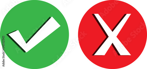 Green Check Mark and Red Cross Mark Flat Icon Set with Long Shadow