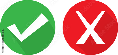 Green Check Mark and Red Cross Mark Flat Icon Set with Long Shadow