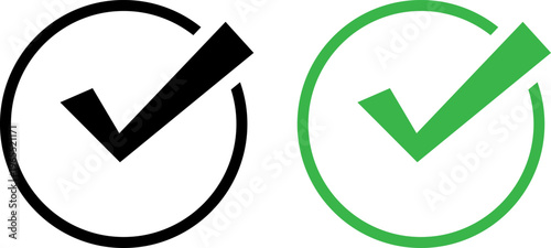 Check Mark in Circle Icon Set in Black and Green Colors