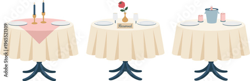 Elegant restaurant table setups with candles, reserved sign, flower vase and ice bucket vector illustration for dining hospitality concept