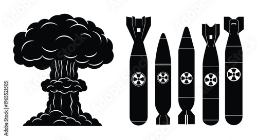 Atomic explosion and weaponry depicted in stark black silhouette