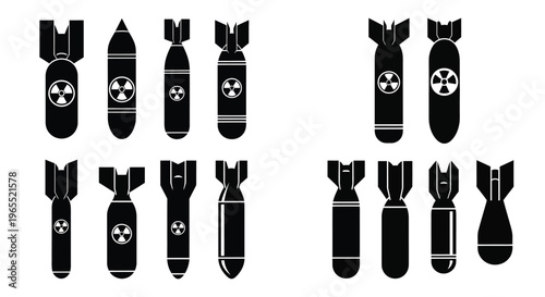 Various nuclear bomb designs depicted in a stark black silhouette