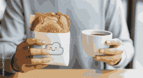 Person holding a pastry and coffee cup, cozy casual scene