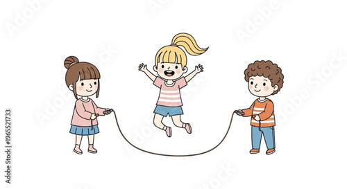 Three children joyfully playing jump rope on a white background