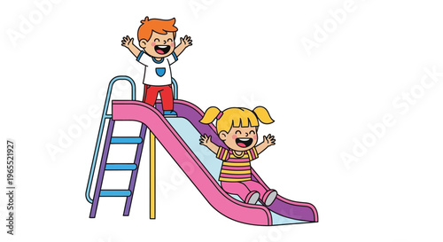 Two joyful children playing on a pink and blue playground slide