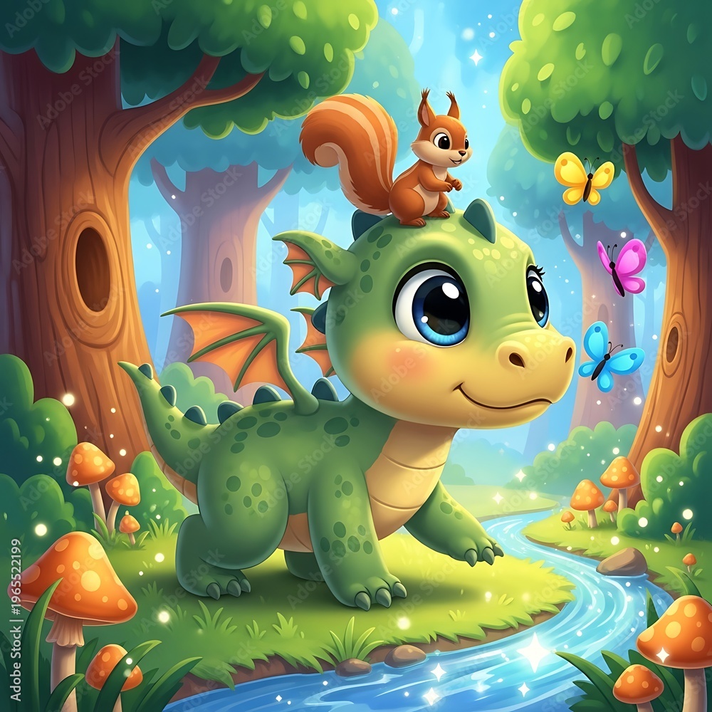 Naklejka premium Enchanted Forest Friends - A Baby Dragons Adventure with Squirrels and Butterflies.