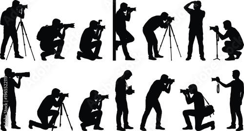 Photographer silhouettes collection with camera tripod shooting poses isolated vector set for photography profession media creative work design illustration concept