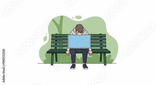 Person hunched over laptop on a park bench with abstract green background
