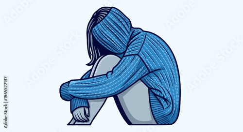 Person hunched over in a blue sweater, hiding face