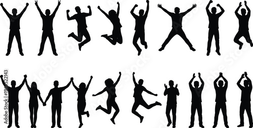 Happy people jumping silhouettes collection celebrating success excitement victory poses isolated vector set for motivation teamwork celebration lifestyle design illustration concept