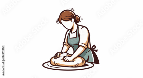 Person in apron kneading dough on a plate, clean graphic style