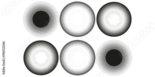 Black concentric circle set. Sonar or sound wave ring collection. Halftone and linear epicentre, target, radar icon concept. Ripple radial signal or vibration elements. Vector line and dotted symbols