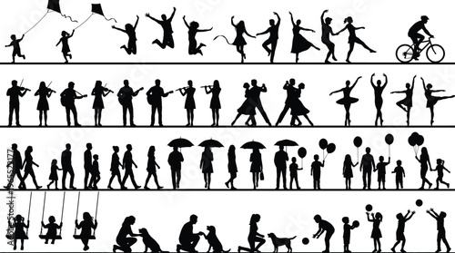 People silhouettes collection showing families children musicians dancers cyclists daily activities isolated vector set for lifestyle social recreation design illustration