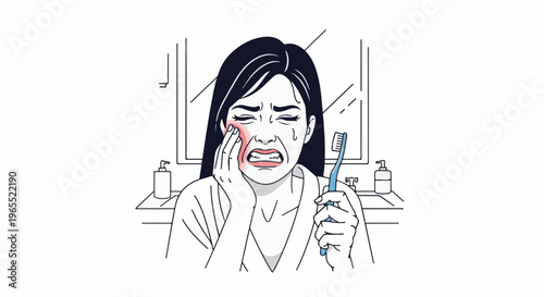 Person in bathroom experiencing toothache, holding toothbrush near face