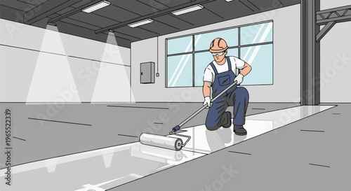 Person in hard hat painting floor with roller in a workshop