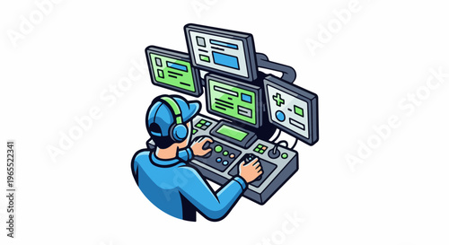 Person in headphones controlling multiple screens and joysticks