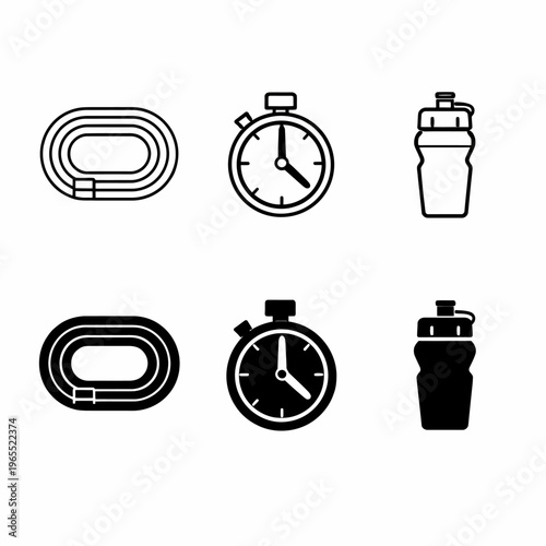 Track and field icons: stopwatch, track, and water bottle