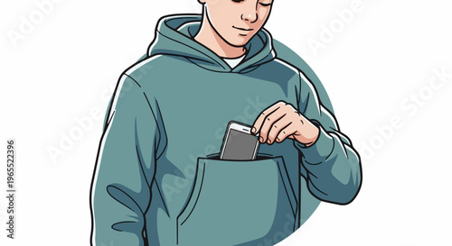 Person in hoodie placing phone in pocket