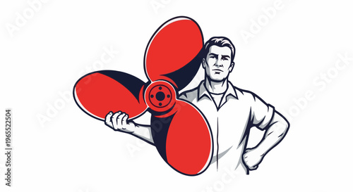 Man in white shirt holds a red three-bladed propeller