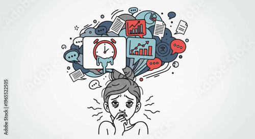 Overwhelmed woman with melting clock, charts, and speech bubbles in thoughts